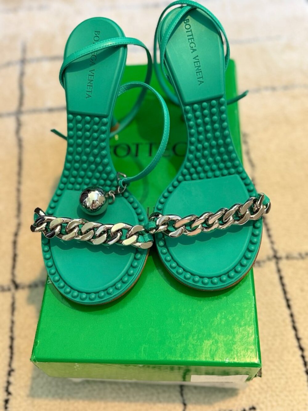 Bottega Veneta Dot Chain-Link Leather Sandals, Green 37.5